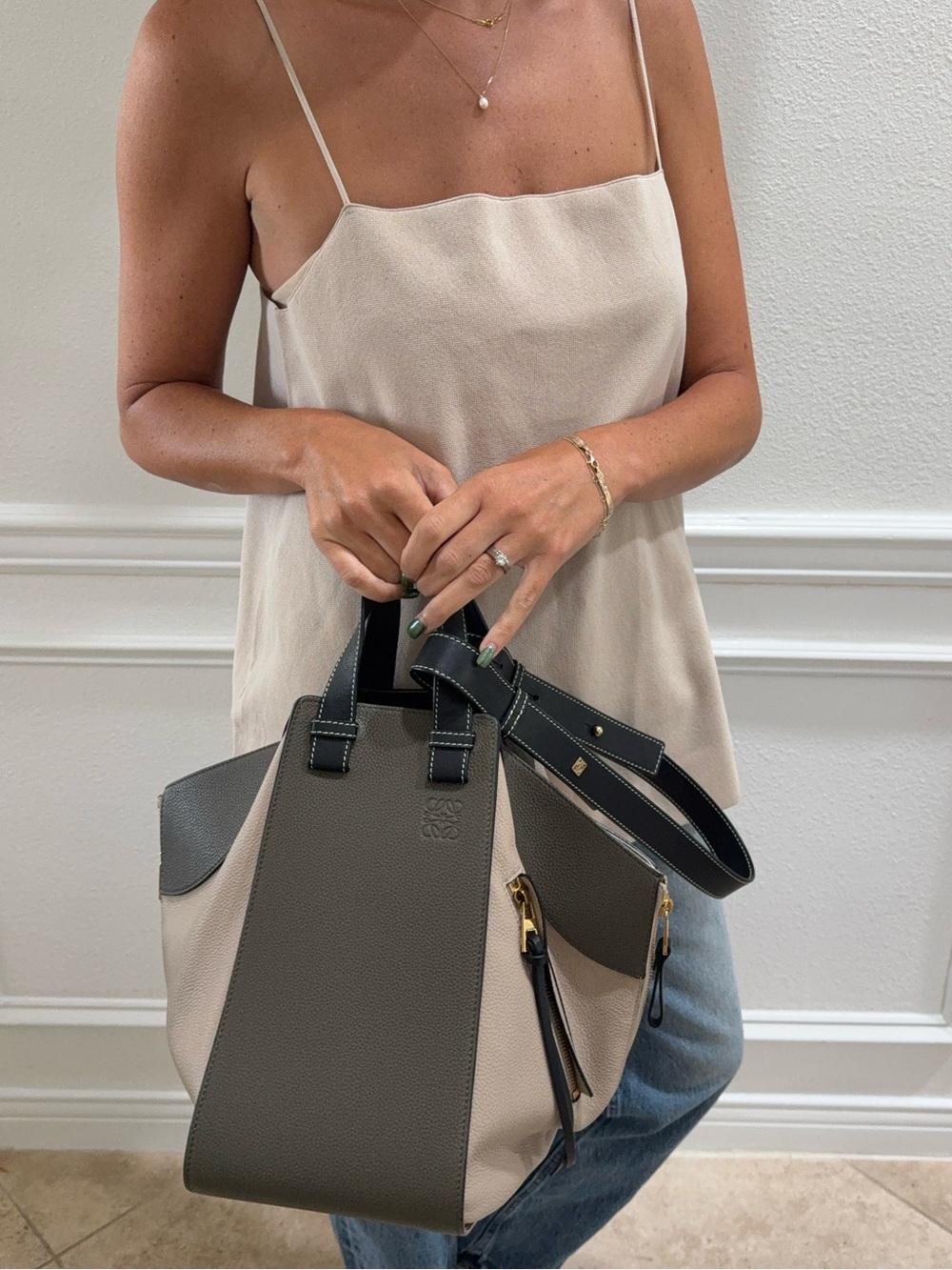 Green and cream Loewe hammock bag
